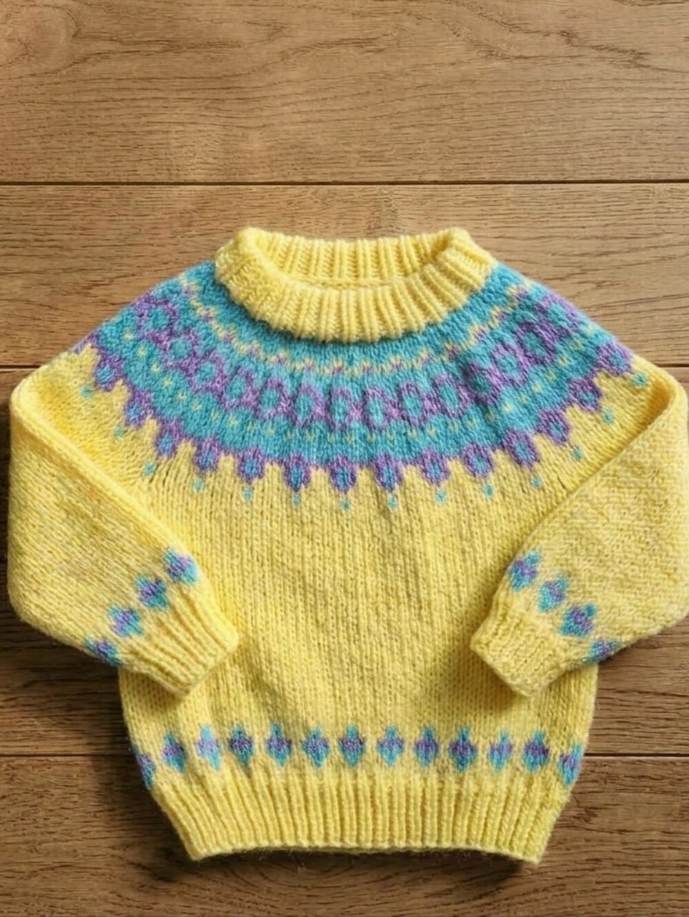Vintage Yellow Fair Isle Knit Baby Sweater Blue Purple Pastel 4/5 Years